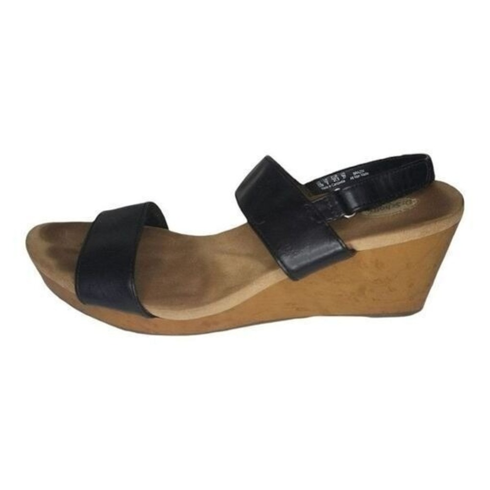 Dr Scholls Brazin Womens 10 Leather Wedge Sandals Open Toe Comfort Sling Black